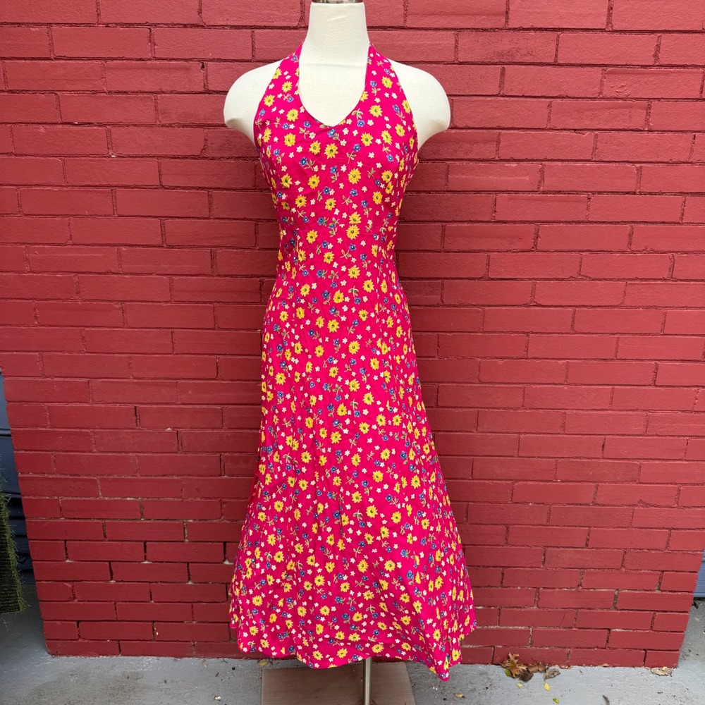 Vtg UM & Company 90s Pink Floral Halter Maxi Dress Size 9/10 Festival Boho Beach